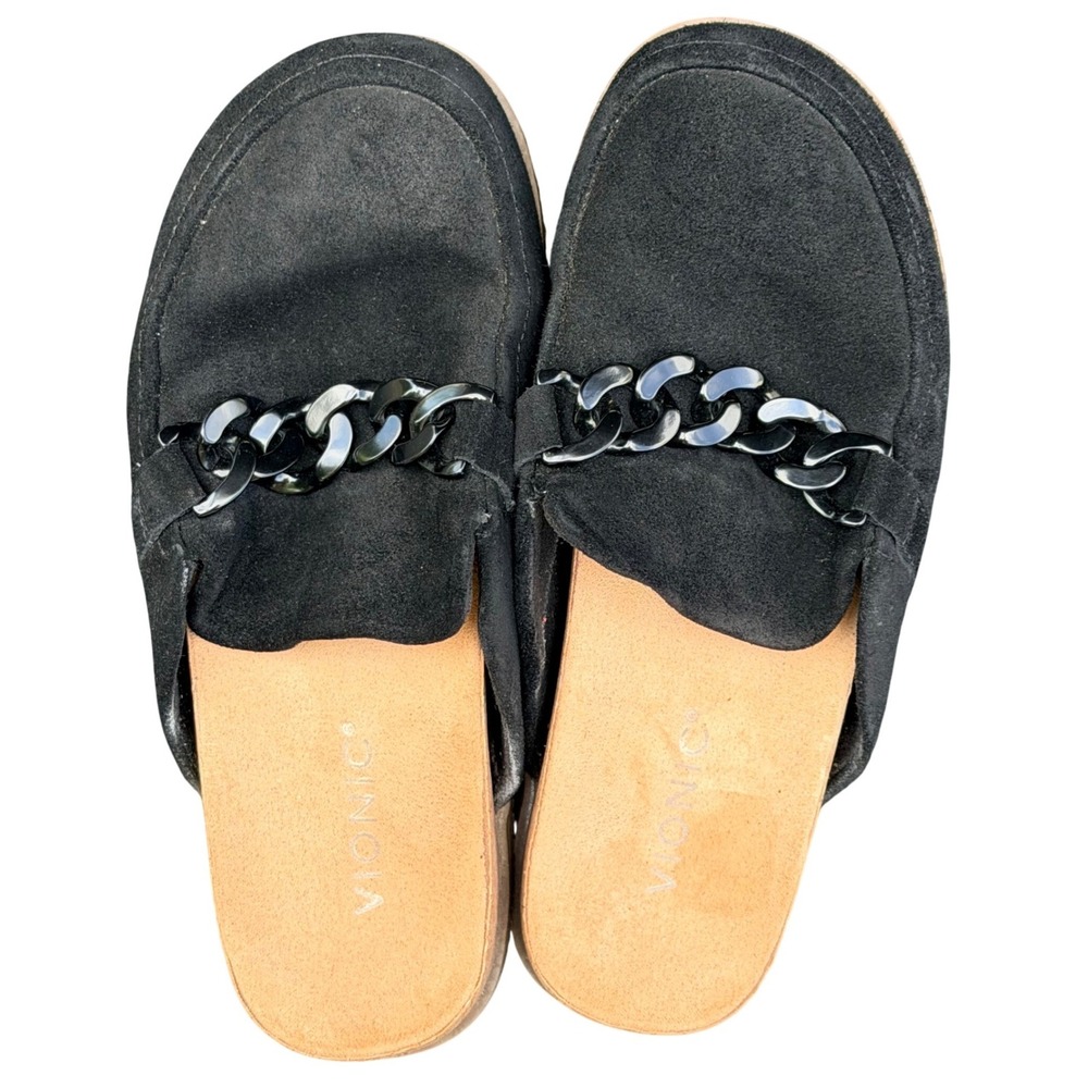 Vionic Georgie Black Suede Chain Link Mule Slides Loafer Shoes Womens 7.5 EUC